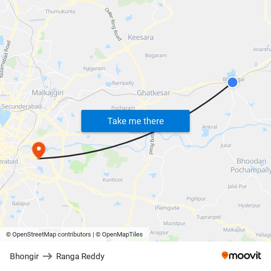 Bhongir to Ranga Reddy map