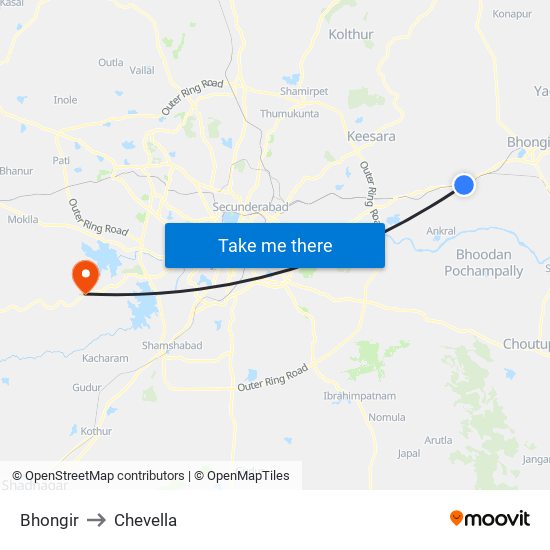 Bhongir to Chevella map