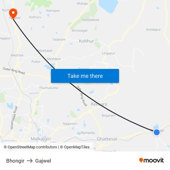 Bhongir to Gajwel map