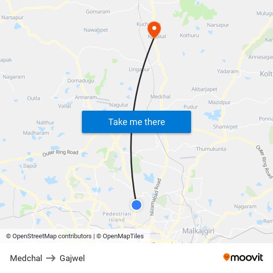 Medchal to Gajwel map