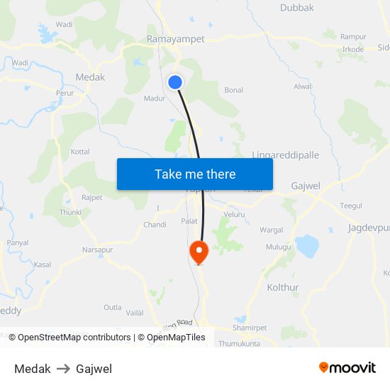 Medak to Gajwel map