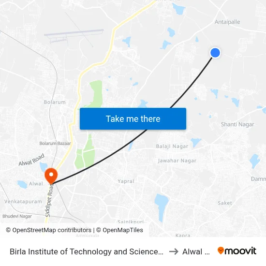 Birla Institute of Technology and Science Pilani Hyderabad Campus to Alwal Mandal map