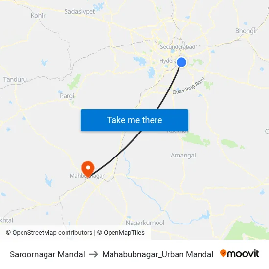 Saroornagar Mandal to Mahabubnagar_Urban Mandal map