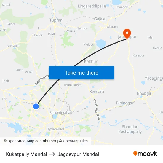 Kukatpally Mandal to Jagdevpur Mandal map