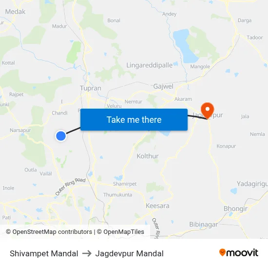 Shivampet Mandal to Jagdevpur Mandal map