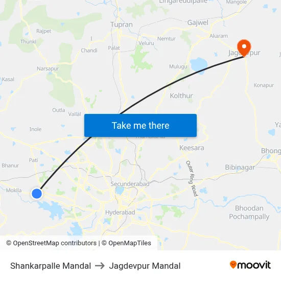 Shankarpalle Mandal to Jagdevpur Mandal map