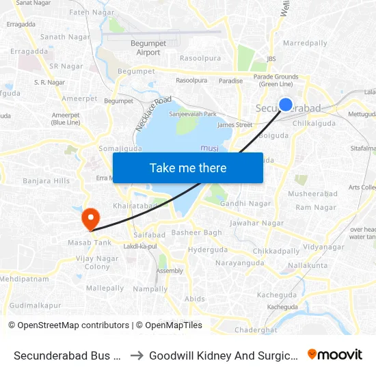 Secunderabad Bus Station to Goodwill Kidney And Surgical Centre map
