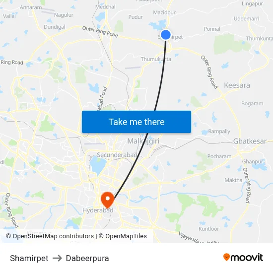 Shamirpet Bus Station to Dabeerpura map