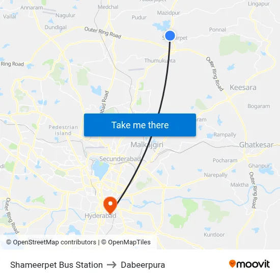 Shameerpet Bus Station to Dabeerpura map