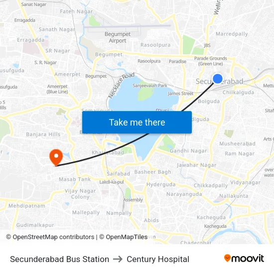 Secunderabad Bus Station to Century Hospital map