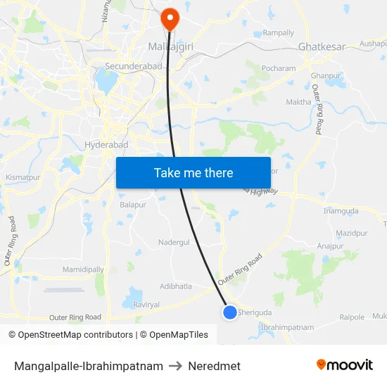 Mangalpalle-Ibrahimpatnam to Neredmet map