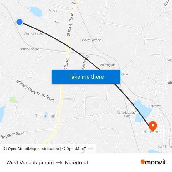 West Venkatapur Bus Stop to Neredmet map