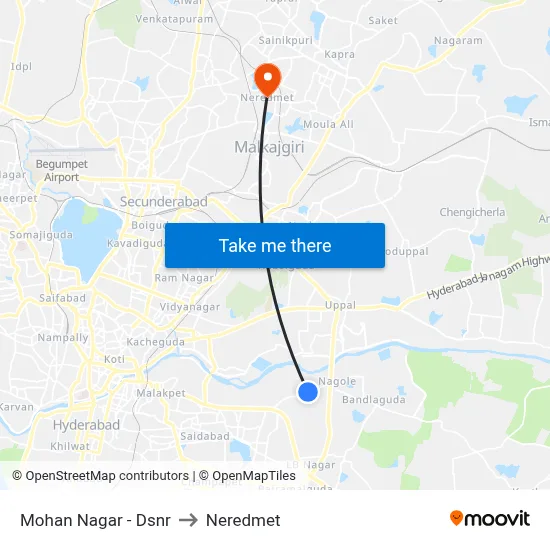 Mohan Nagar - Dsnr to Neredmet map