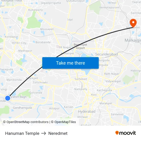 Hanuman Temple to Neredmet map
