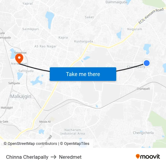 Chinna Cherlapally to Neredmet map