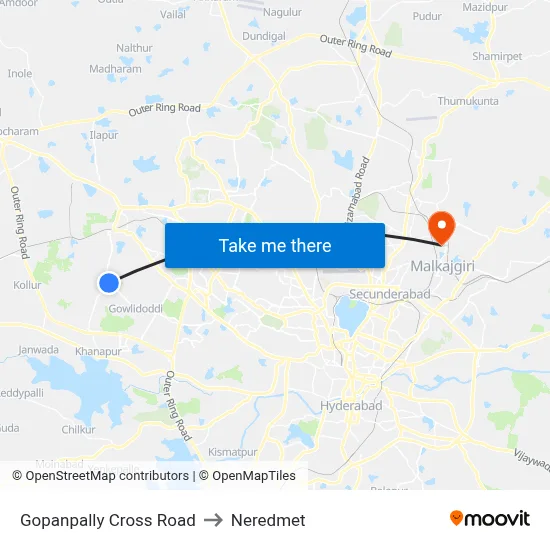 Gopanpally X Roads Twd Mehdipatnam to Neredmet map