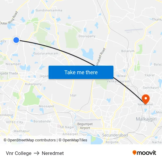 Vnr College Twd Miyapur to Neredmet map