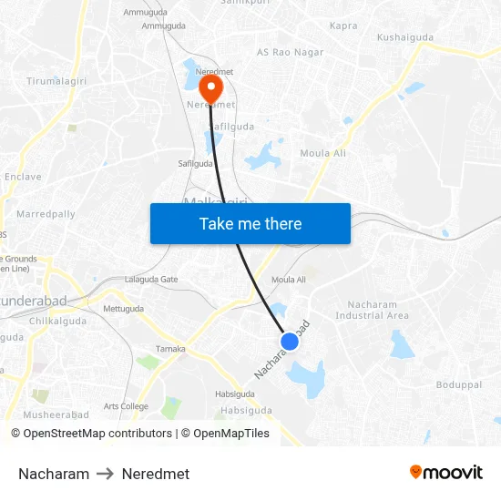 Nacharam to Neredmet map