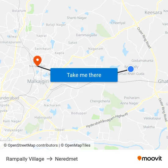 Rampally Village to Neredmet map