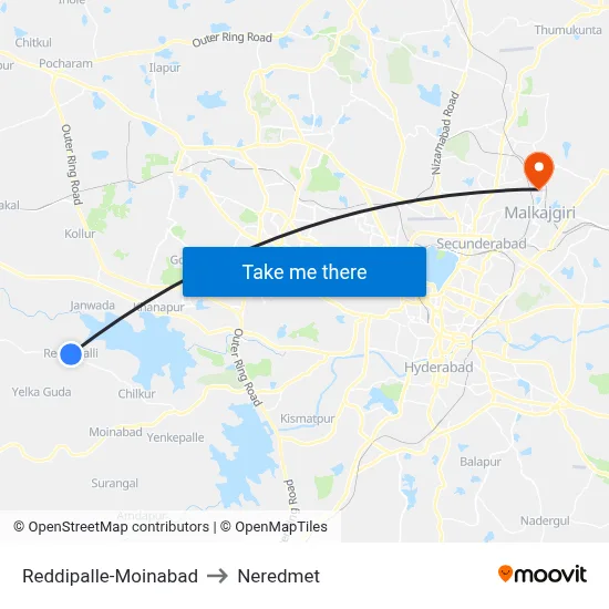 Reddipalle-Moinabad to Neredmet map