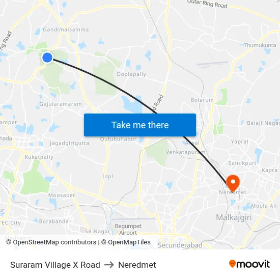 Suraram Village X Road to Neredmet map