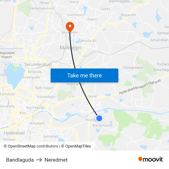 Bandlaguda to Neredmet map