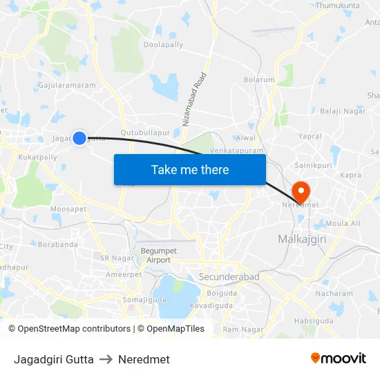 Jagadgirigutta Bus Station to Neredmet map
