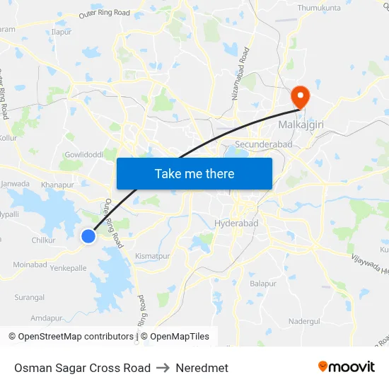 Osman Sagar Cross Road to Neredmet map