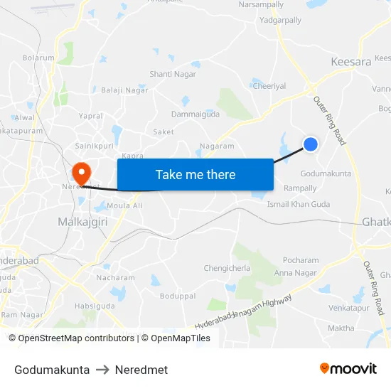Godumakunta to Neredmet map