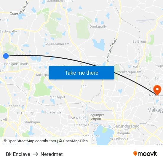 Bk Enclave Twd Miyapur to Neredmet map