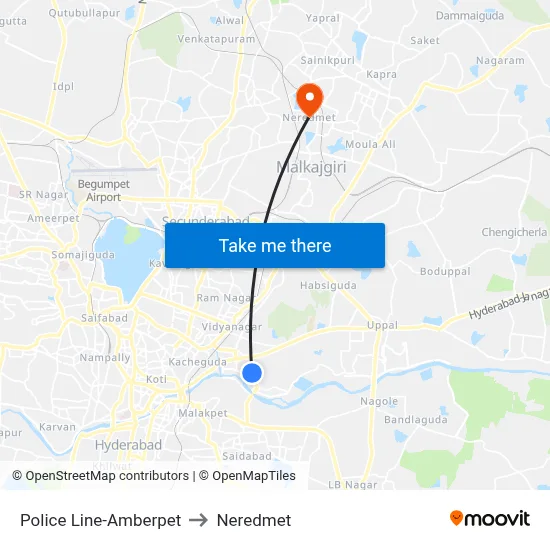 Police Line-Amberpet to Neredmet map