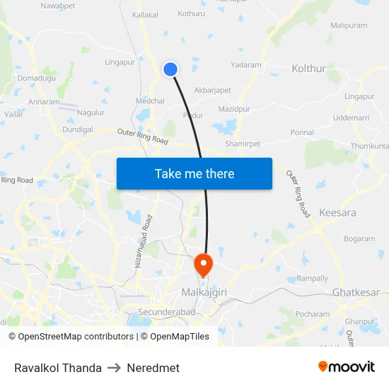 Ravalkole Thanda to Neredmet map