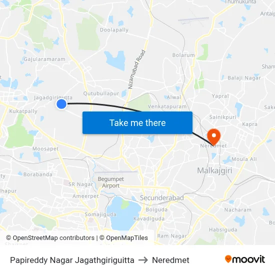Papireddy Nagar Twd JBS to Neredmet map