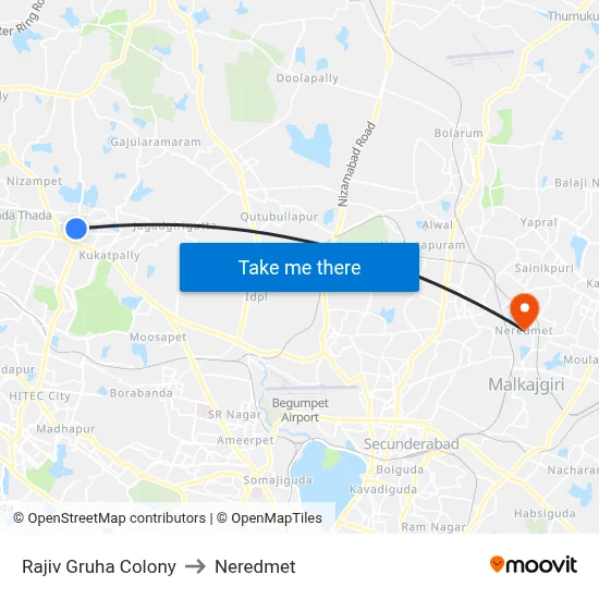 Rajiv Gruha Kalpa Twd Pragathi Naga to Neredmet map