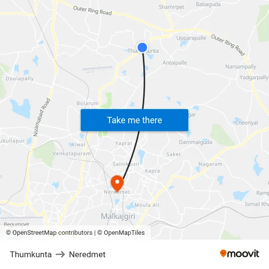 Thumkunta to Neredmet map