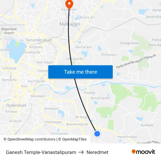 Ganesh Temple-Vanastalipuram to Neredmet map