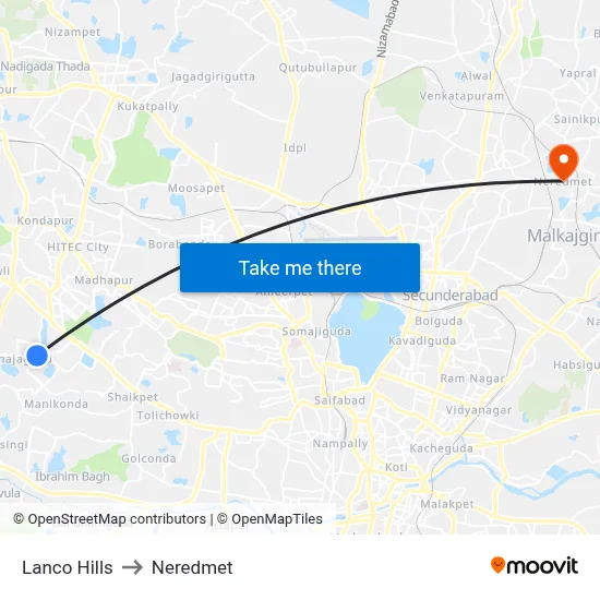 Lanco Hills Twd Mehidipatnam to Neredmet map