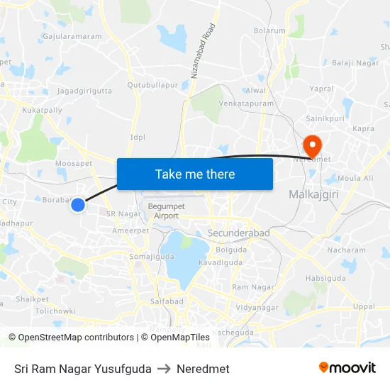 Sri Ram Nagar Yusufguda to Neredmet map