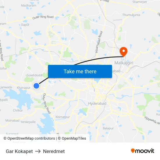 Gar Kokapet Twd Gachibowli to Neredmet map