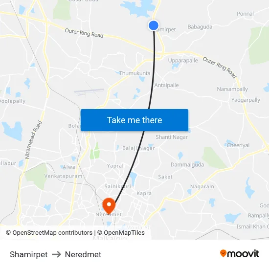 Shamirpet to Neredmet map