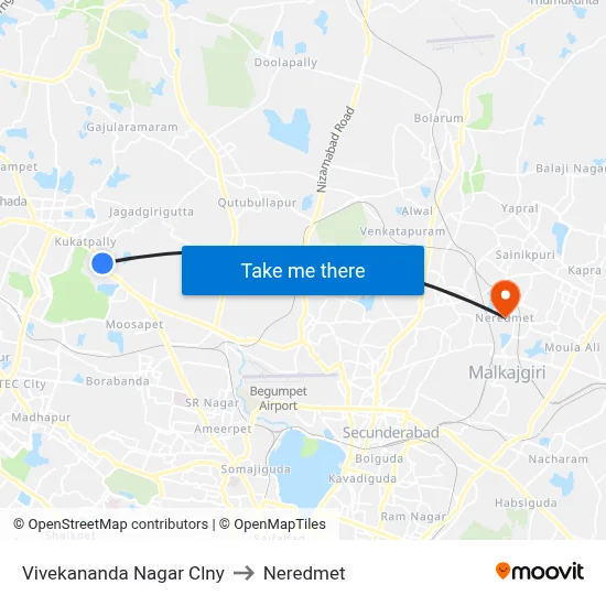 Vivekanandnagar Colony  Twd Koti to Neredmet map