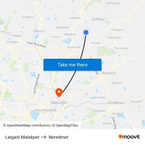 Lalgadimalakpet Twd Kondapur to Neredmet map