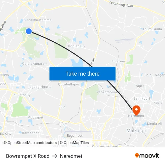 Bowrampet X Road Twd Gandimaisamma to Neredmet map