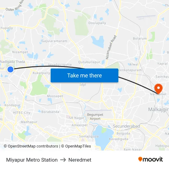 Miyapur Metro Station to Neredmet map