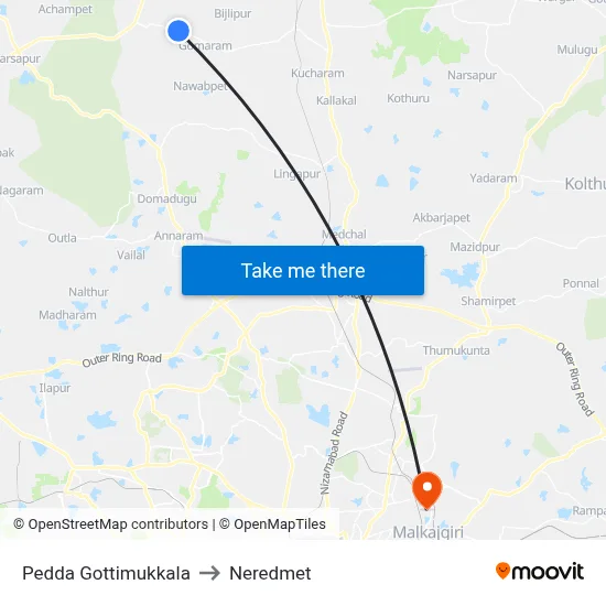 Pedda Gottimukkala to Neredmet map