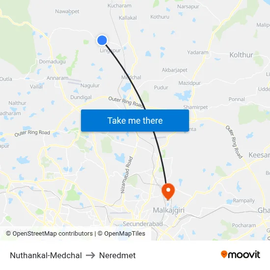 Nuthankal-Medchal to Neredmet map