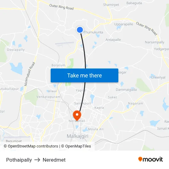 Pothaipally Twd Yamzal to Neredmet map