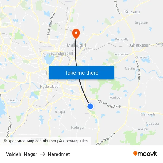 Valdehi Nagar Twd Ngos Colony to Neredmet map