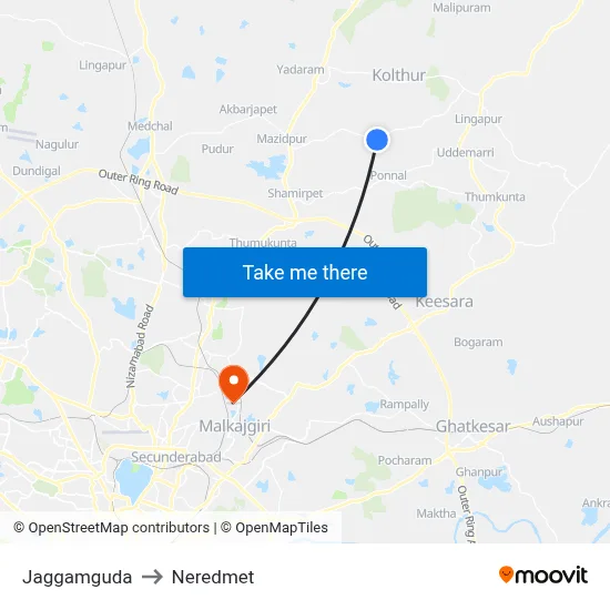 Jaggamguda to Neredmet map