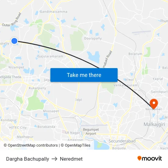 Dargha Bachupally to Neredmet map